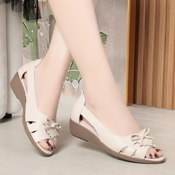 Fish Mouth Heeled Sandals for Women, Soft Leather and Comfortable Sole, Suitable for Middle-aged and Elderly Women, Summer Single Shoes